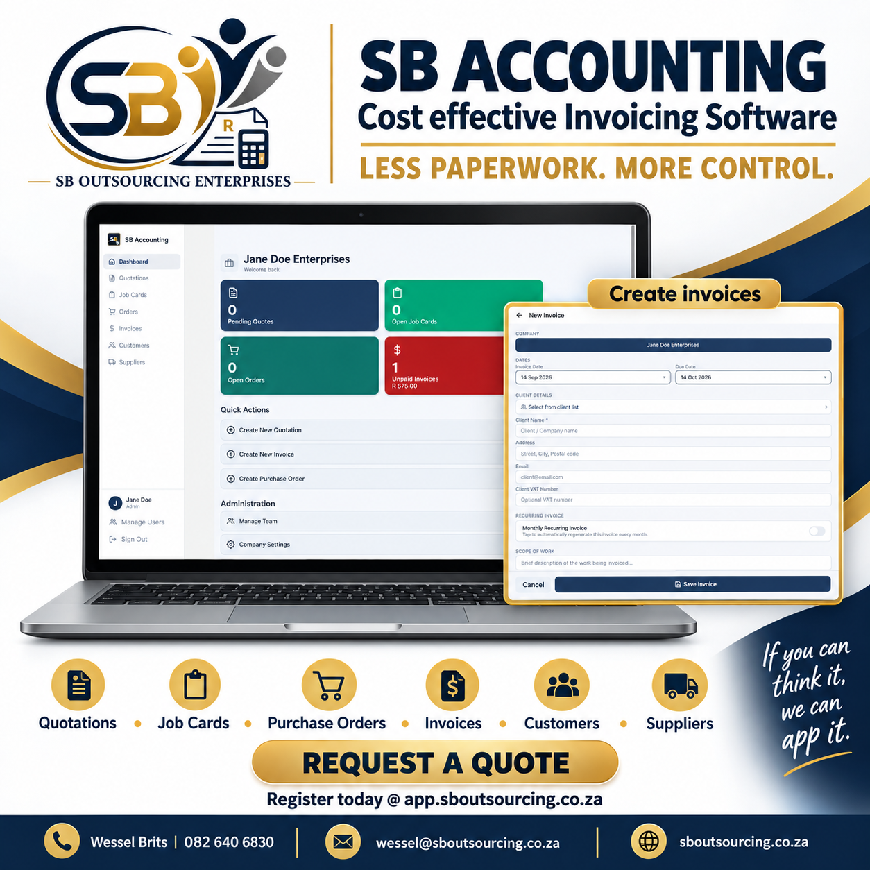 SB Accounting dashboard and invoice creation screen